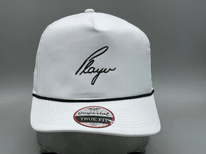 White Imperial Snapback hat with Player signature script on front bill